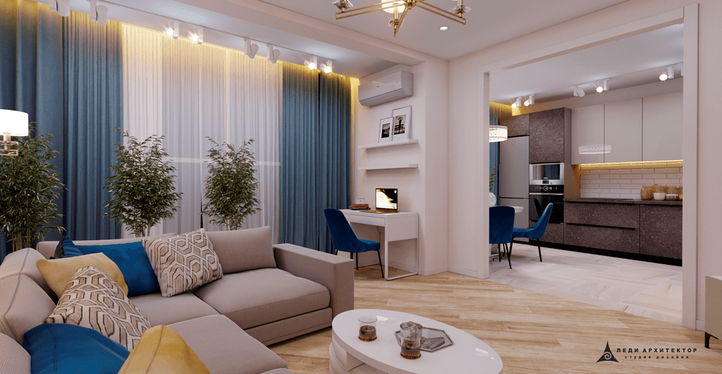 Современный интерьер гостиной комнаты ЖК Казансу