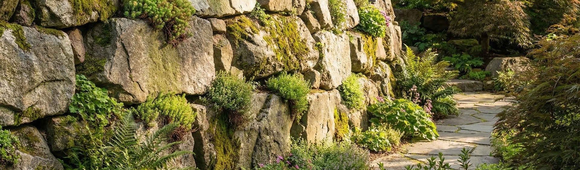 Подпорная стена из бутового камня в ландшафтном дизайне