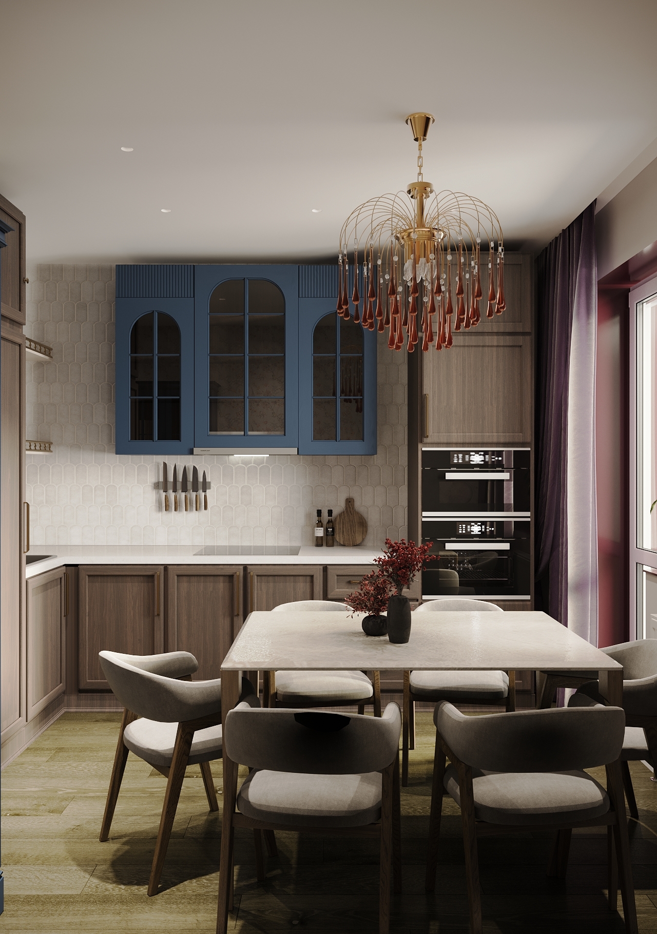 кухня с винтажной люстрой