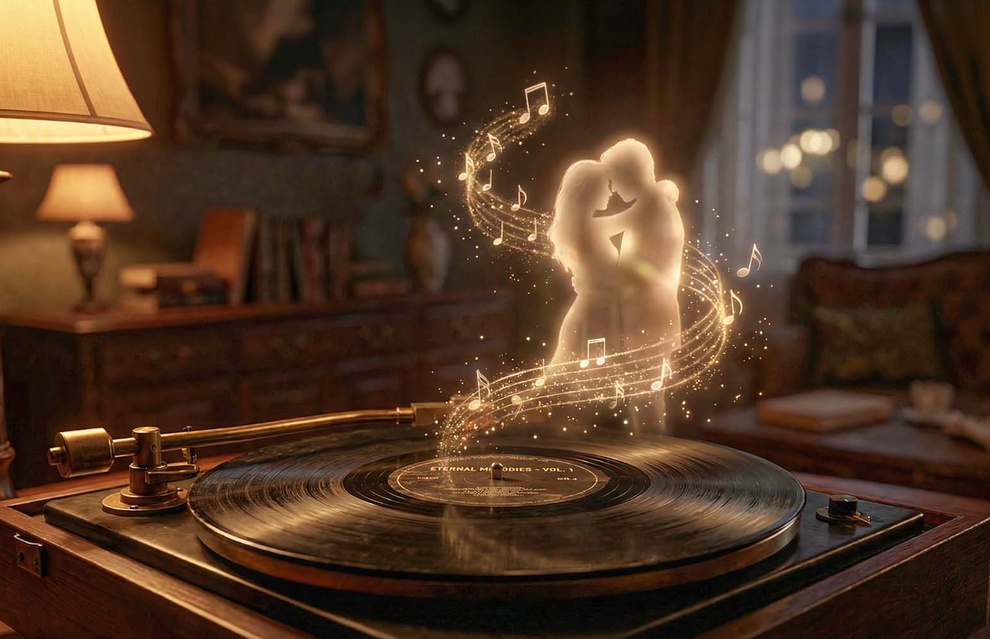 Силуэт пары танцует на виниловой пластинке как метафора песни в подарок мужу созданной нейросетью
