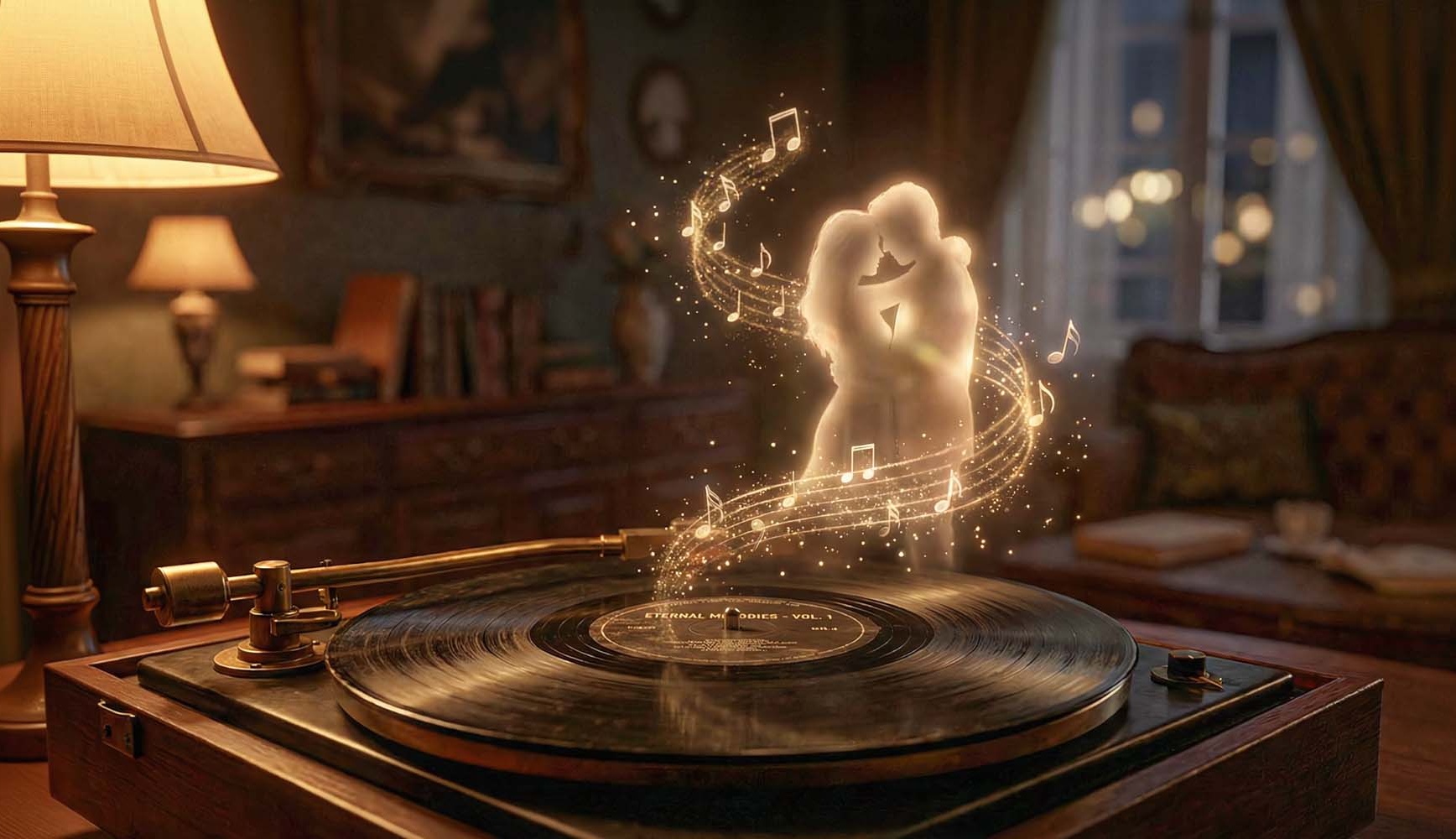 Силуэт пары танцует на виниловой пластинке как метафора песни в подарок мужу созданной нейросетью