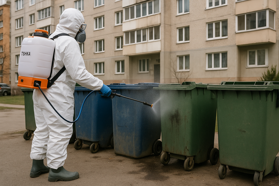 Дезинфекция мусорных контейнеров во дворе многоэтажки