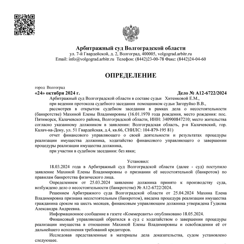 Списанные долги по банкротству арбитражным управляющим Гудковой Александрой Андреевной А12-6722