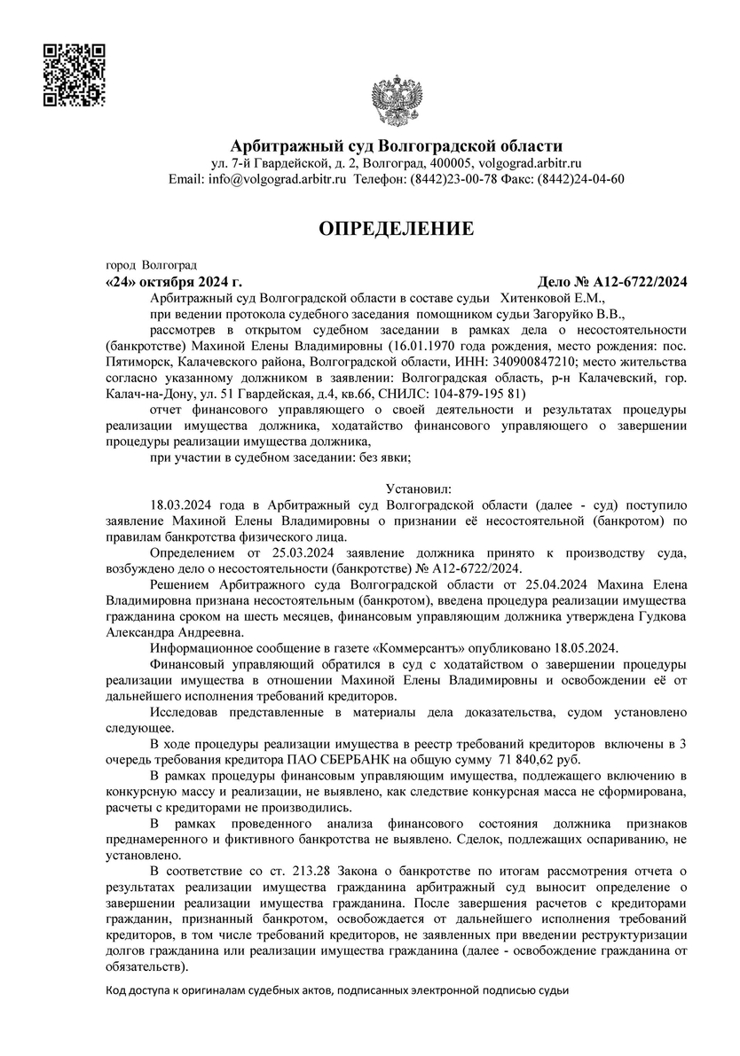 Списанные долги по банкротству арбитражным управляющим Гудковой Александрой Андреевной А12-6722