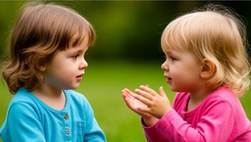 Две девочки дошкольного возраста разговаривают и играют вместе под наблюдением логопеда