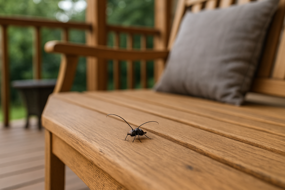 Жук на лавочке на веранде