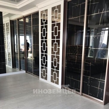 Элитный шкаф-купе с черными стеклянными фасадами и белой отделкой