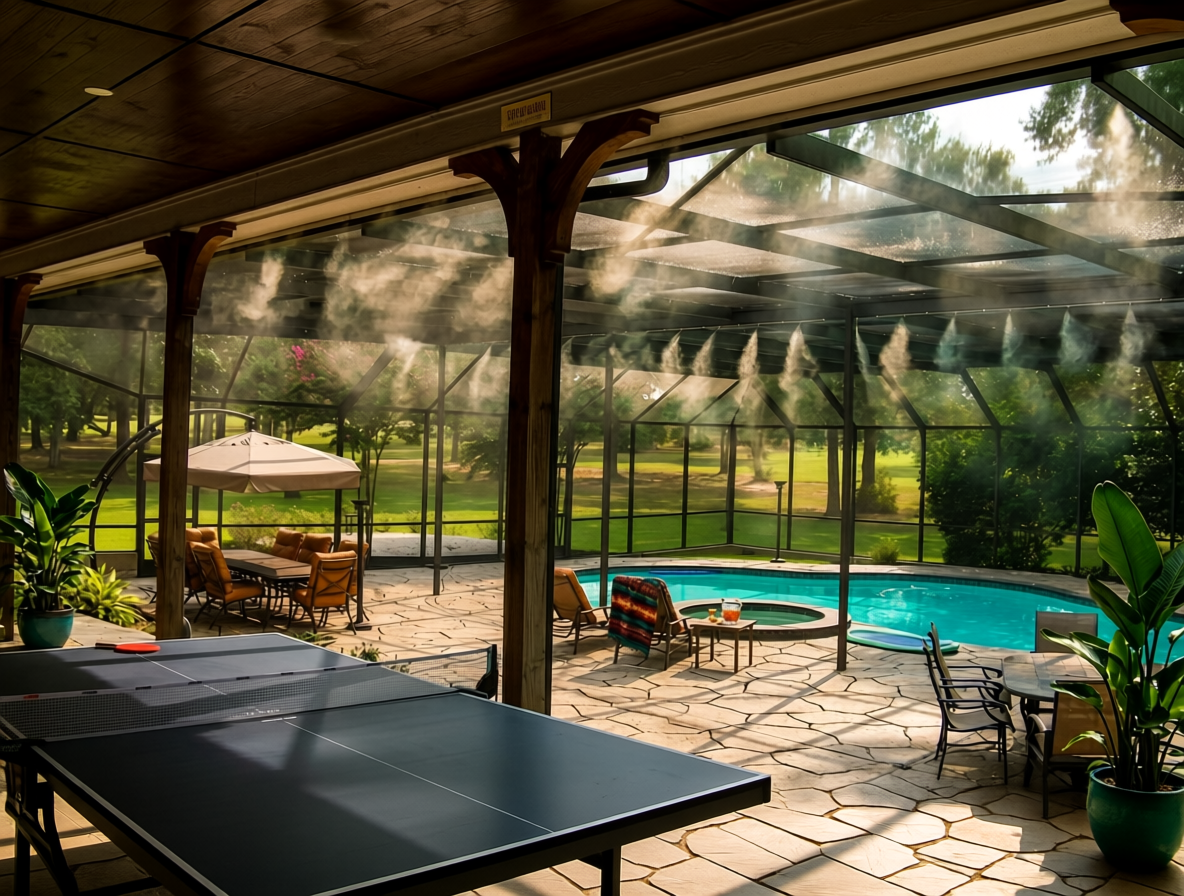 Создание прохладного микроклимата в зоне барбекю и бассейна с помощью системы тумана Umbrella System