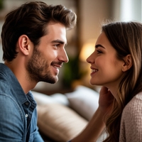 на фото изображены женщина и мужчина. женщина и мужчина которые смотрят друг а друга и улыбаются