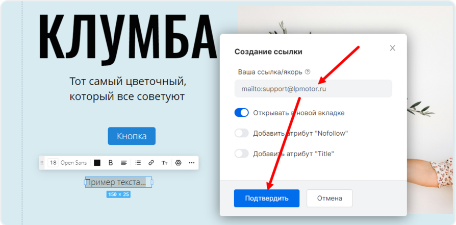 Ссылка на почту в текстовом поле в mottor