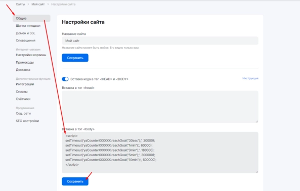 Пример вставки кода цели в настройках сайта, созданного в mottor