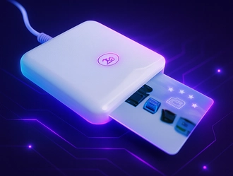 Картридер со вставленной картой тахографа, процесс выгрузки данных