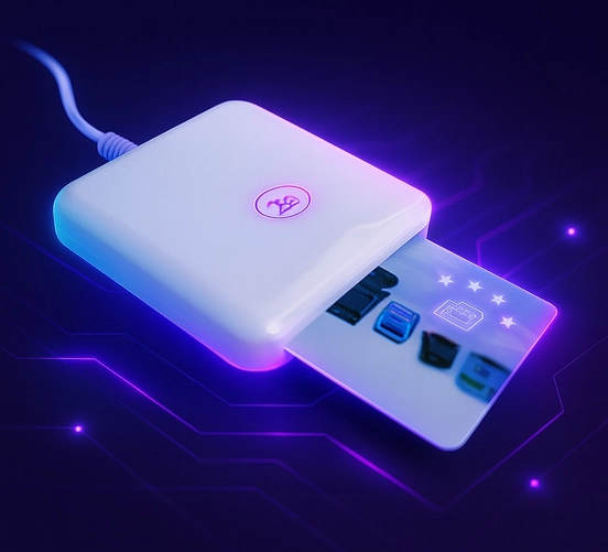 Картридер со вставленной картой тахографа, процесс выгрузки данных