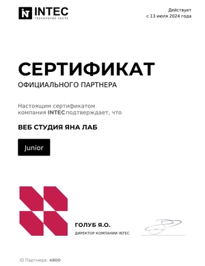 Сертификат официального партнёра компании INTEC