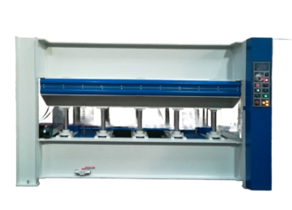 Трехпролетный горячий пресс GH200-12-3 серо-сине-желтого цвета для мебельных плит. Стол 4300х1300 мм