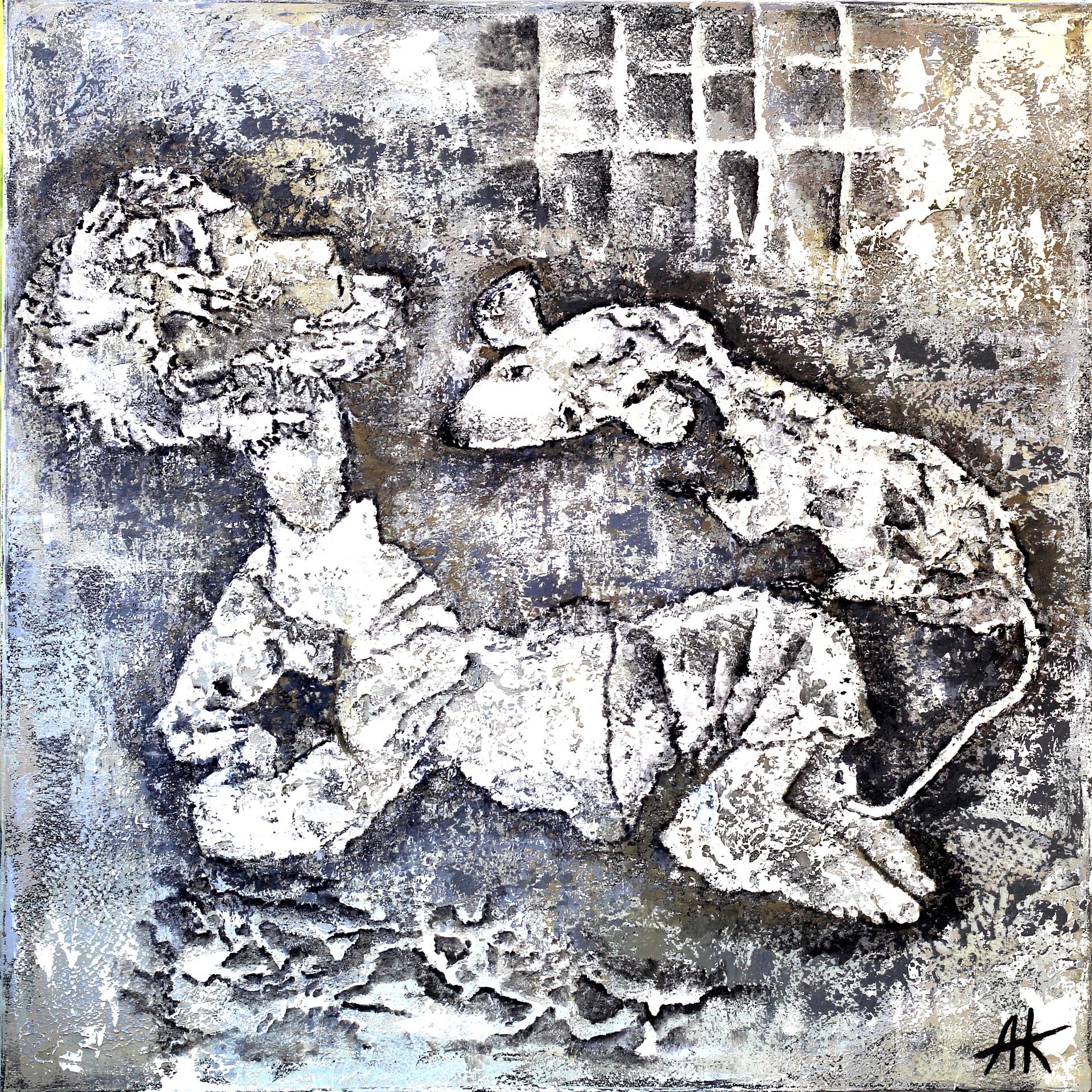 Oil painting by Nelya Akimova showing a prisoner and a rat sharing empathy in a dehumanized society – a reflection on kindness, freedom of thought, and lost humanity.