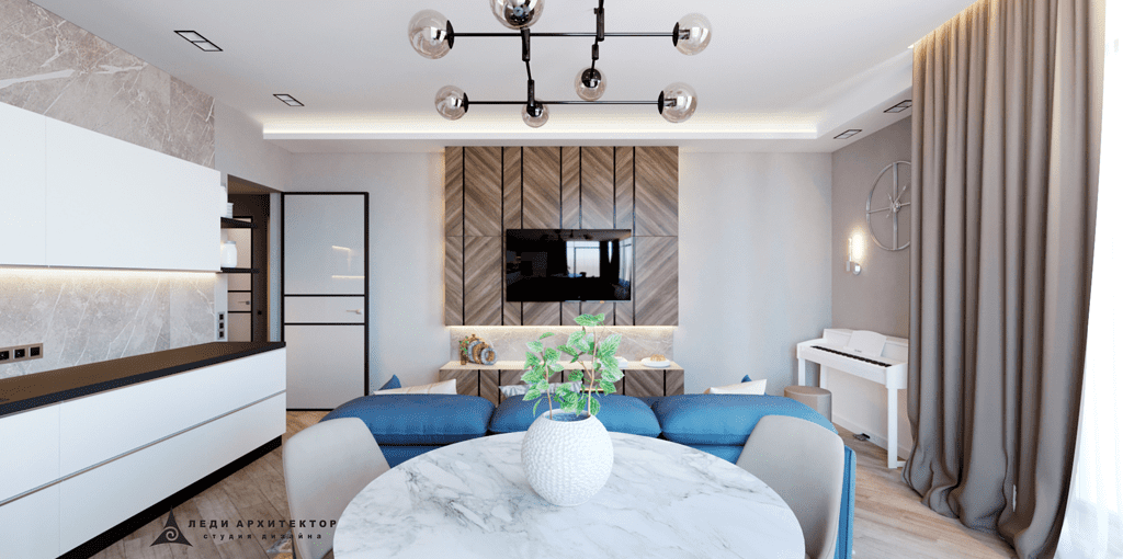 Современный интерьер гостиной в ЖК Вишневый Сад