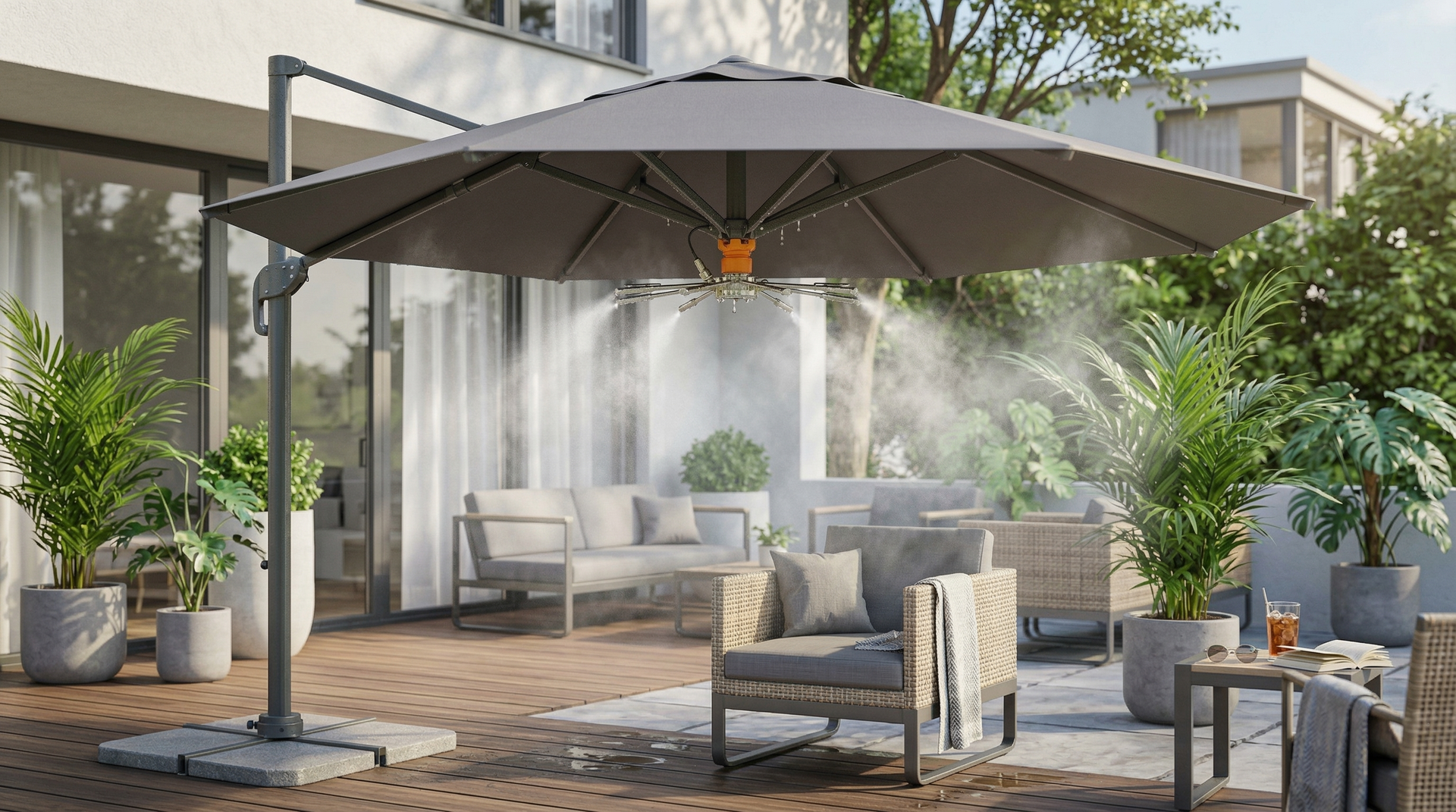 Модернизация уличного зонта: установлен адаптер для системы холодного тумана.