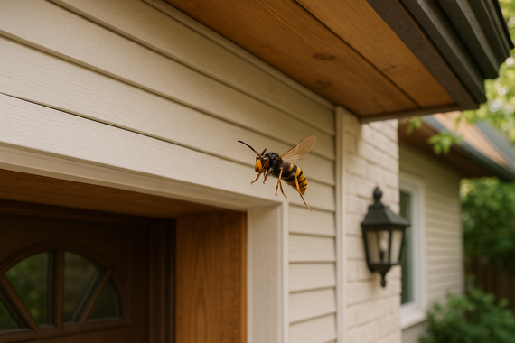 Шершень летает у входа в дом