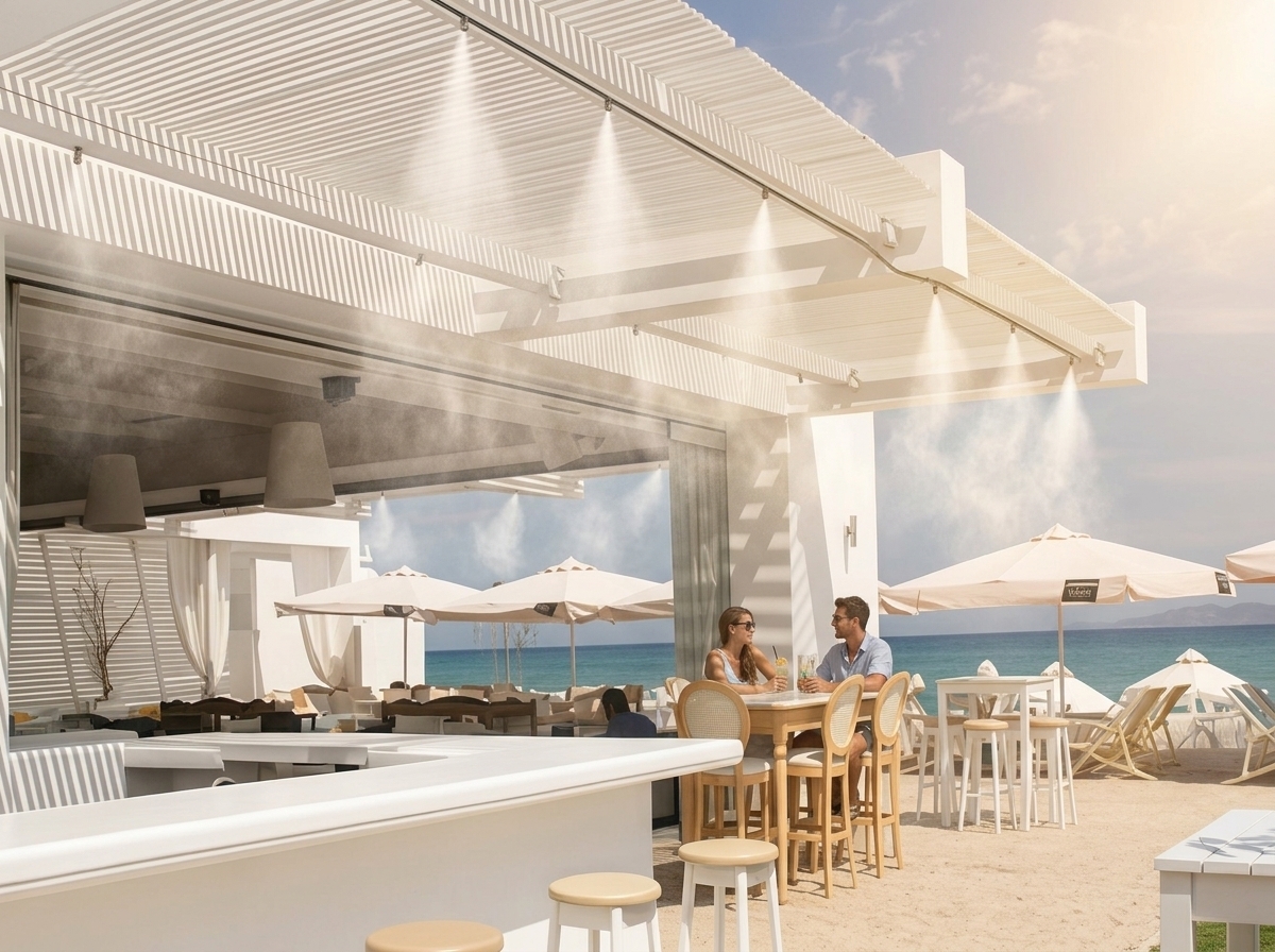 Система холодного тумана охлаждает летнюю площадку пляжного бара с зонтами и столиками