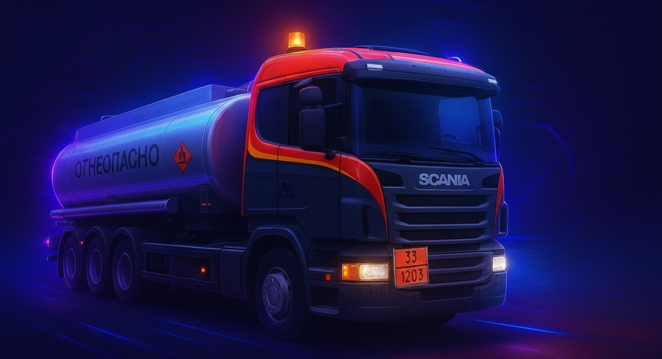 Грузовой тягач с установленным проблесковым маяком, табличками опасных грузов и выключателем массы —