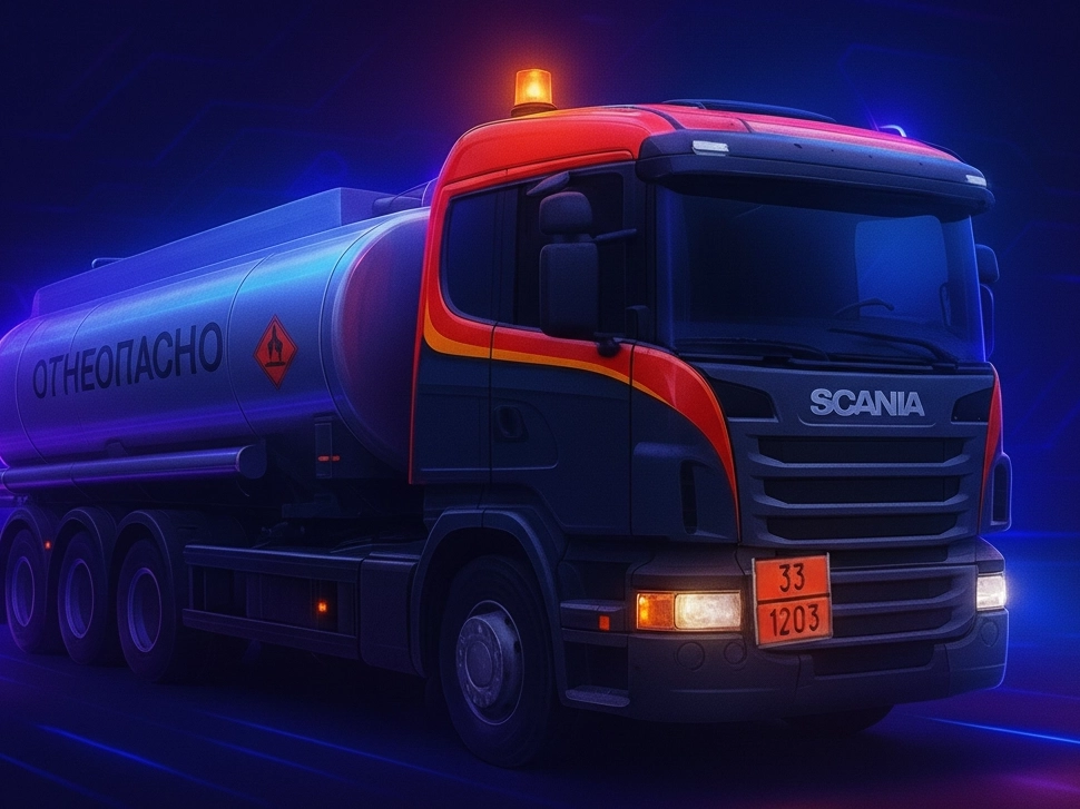 Грузовой тягач с установленным проблесковым маяком, табличками опасных грузов и выключателем массы —