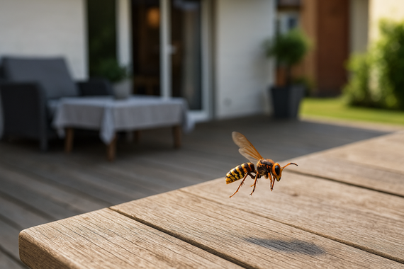 Шершень летает на веранде