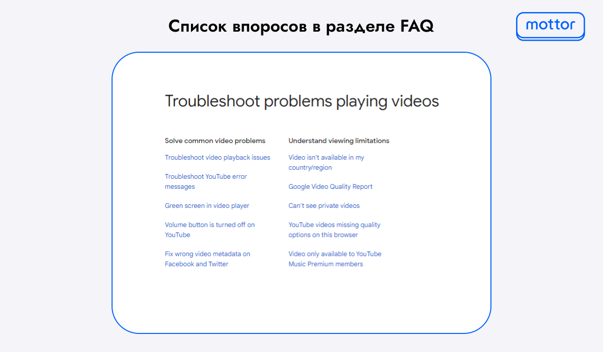 Пример списка вопросов в разделе FAQ на сайте