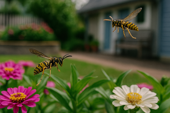 Осы летают на клумбе