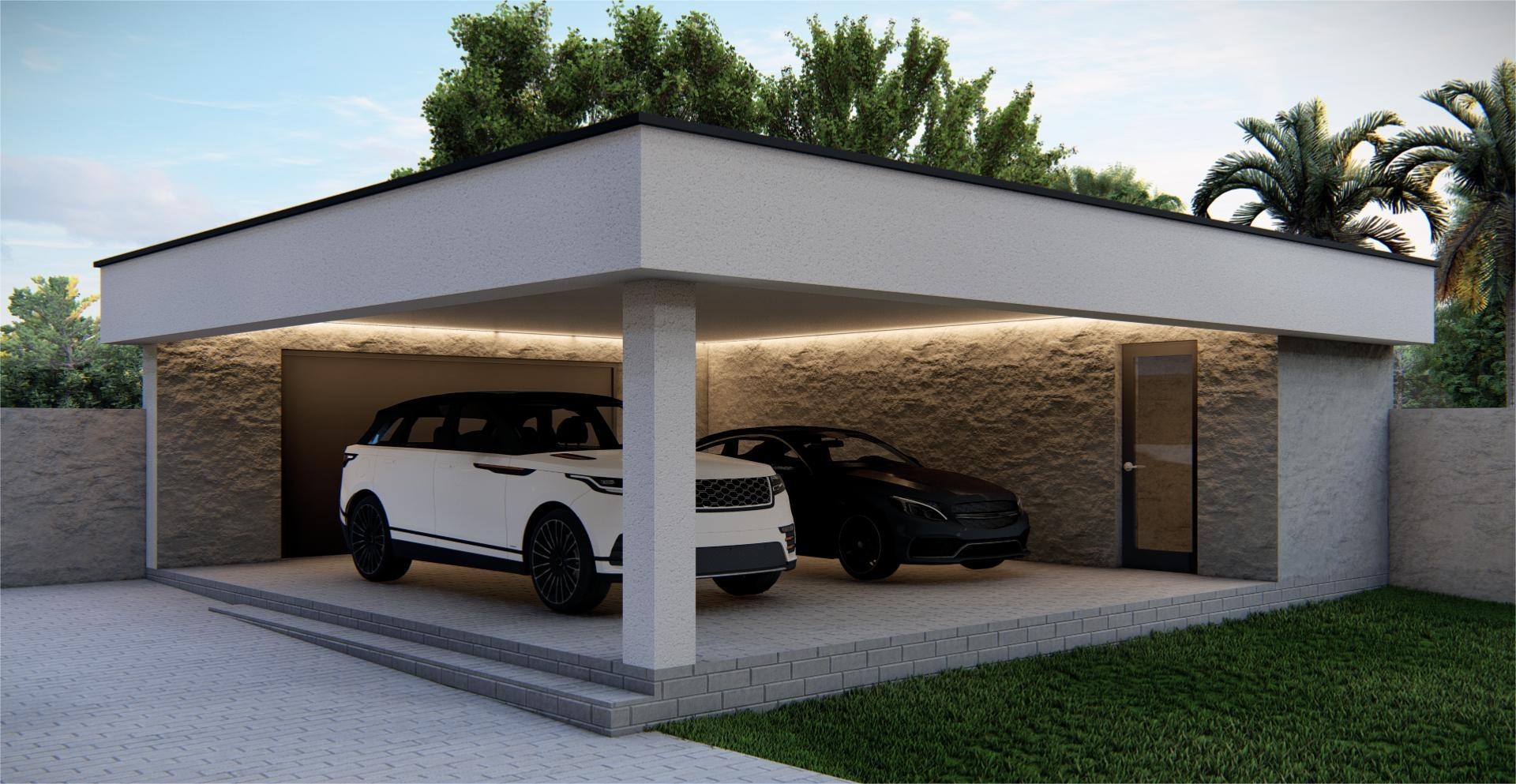 Визуализация большого дома с панорамным остеклением и кирпичной крышей