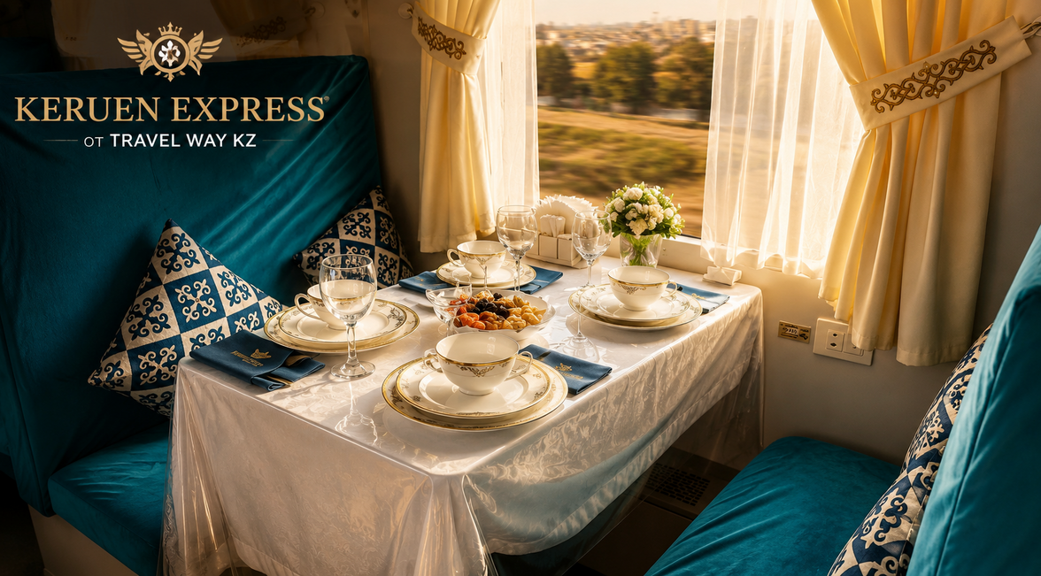 Туристический поезд KERUEN EXPRESS от TRAVEL WAY KZ во время путешествия по Узбекистану и Туркестану