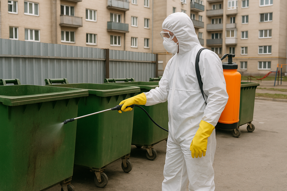 Дезинфекция мусорных контейнеров во дворе многоэтажки