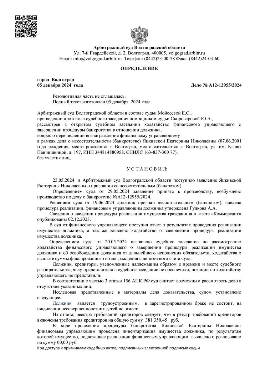 Долги по банкротству арбитражным управляющим Гудковой Александрой Андреевной А12-12955