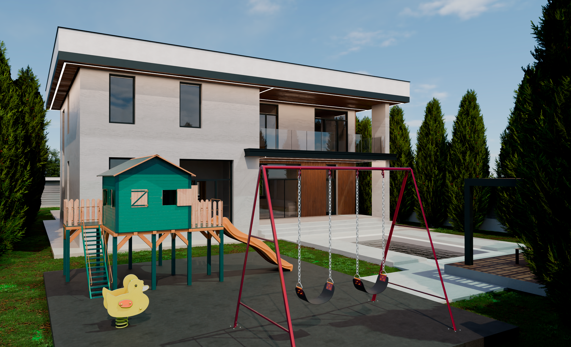 Схема планировки большого дома со спальнями, кухней-гостиной и санузлами