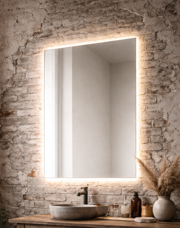 Настенное зеркало с подсветкой без рамы на стене — современное интерьерное зеркало