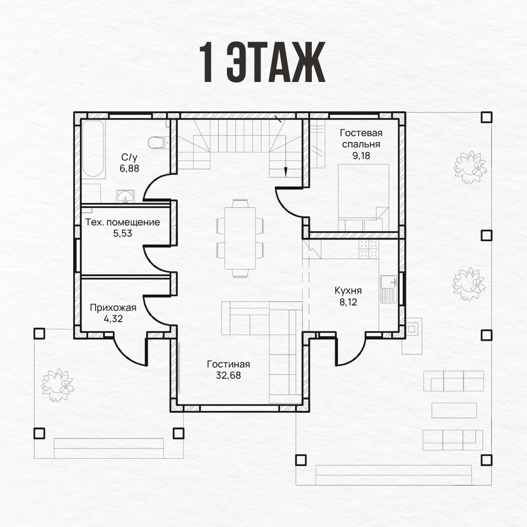 Схема планировки одноэтажного дома со спальнями, кухней-гостиной и эркером
