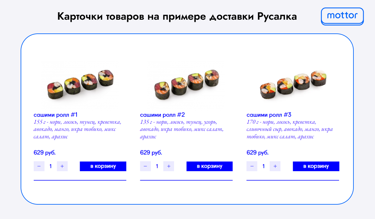 Оформление карточек товаров на примере доставки Русалка