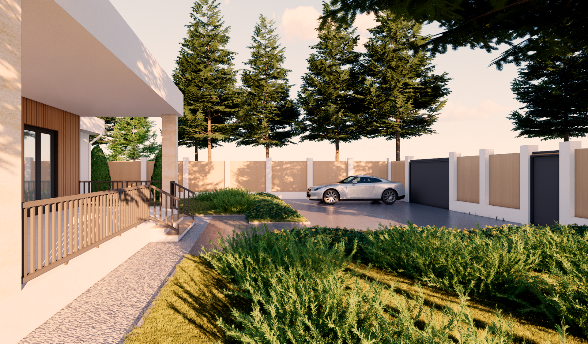 Визуализация дома с эркером и контрастным фасадом