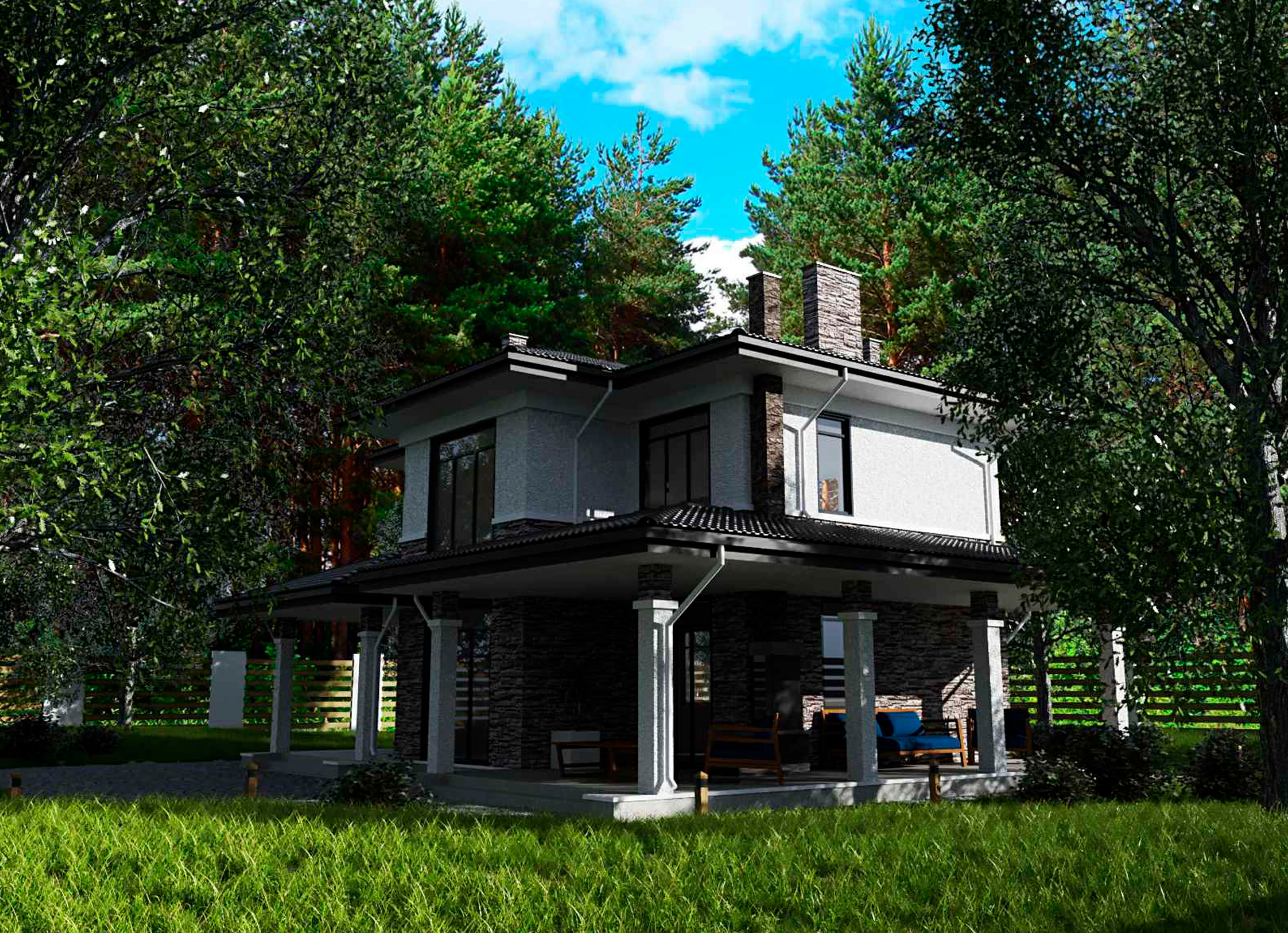 Визуализация эркера одноэтажного дома с контрастным фасадом