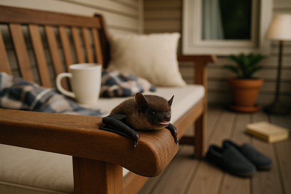 Летучая мышь на лавочке на веранде