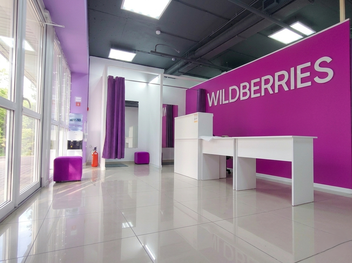 Интерьер ПВЗ Wildberries с фирменной фиолетовой стеной, белым ресепшеном и примерочными кабинами