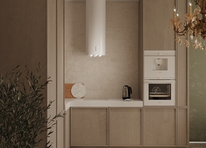 Дизайн кухни-гостиной в светлых тонах с люстрой-акцентом и геометричными формами, Сестрорецк