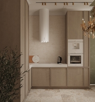 Дизайн кухни-гостиной в светлых тонах с люстрой-акцентом и геометричными формами, Сестрорецк