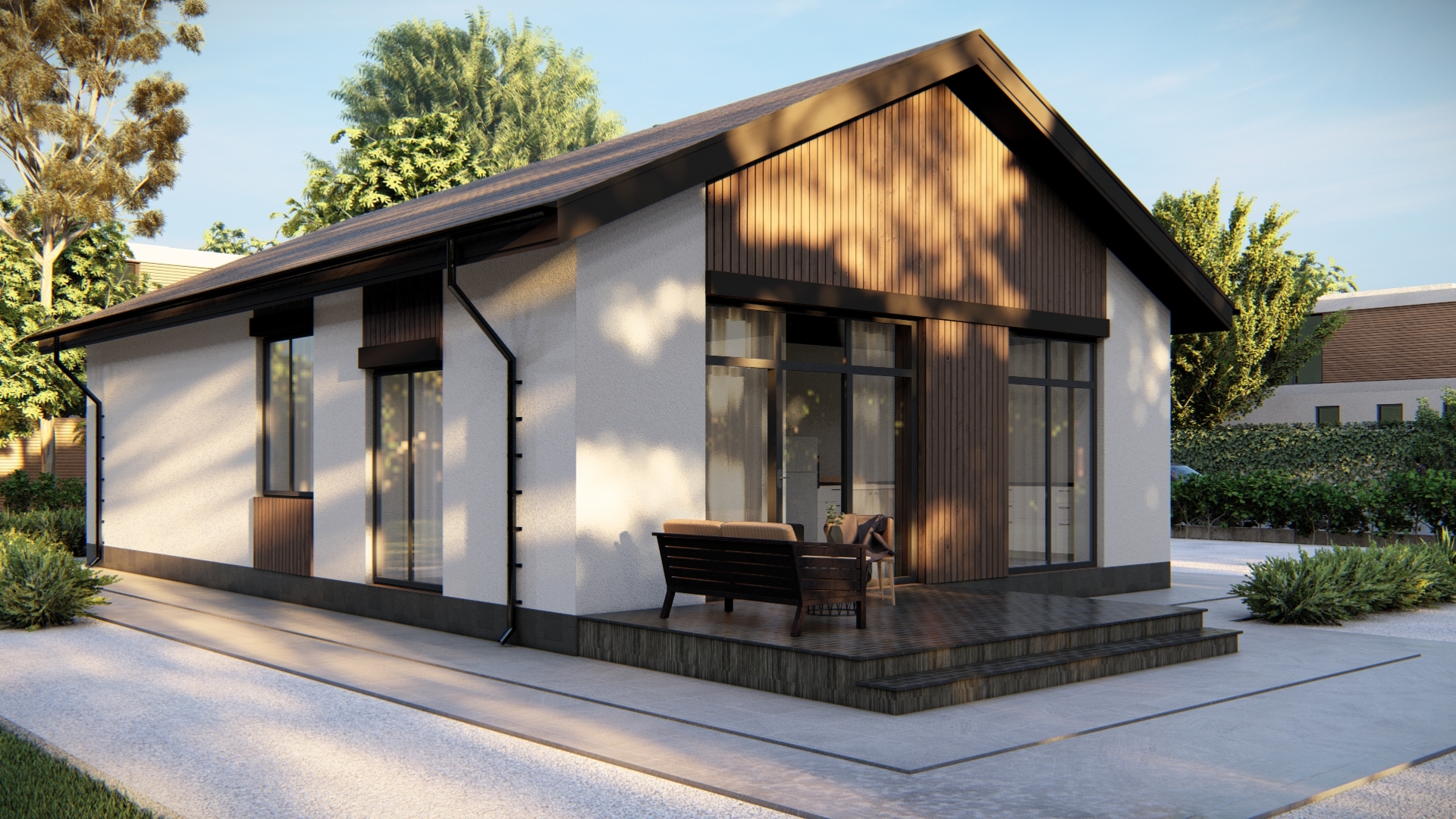 Визуализация дома с террасой, панорамным остеклением и светлой штукатуркой