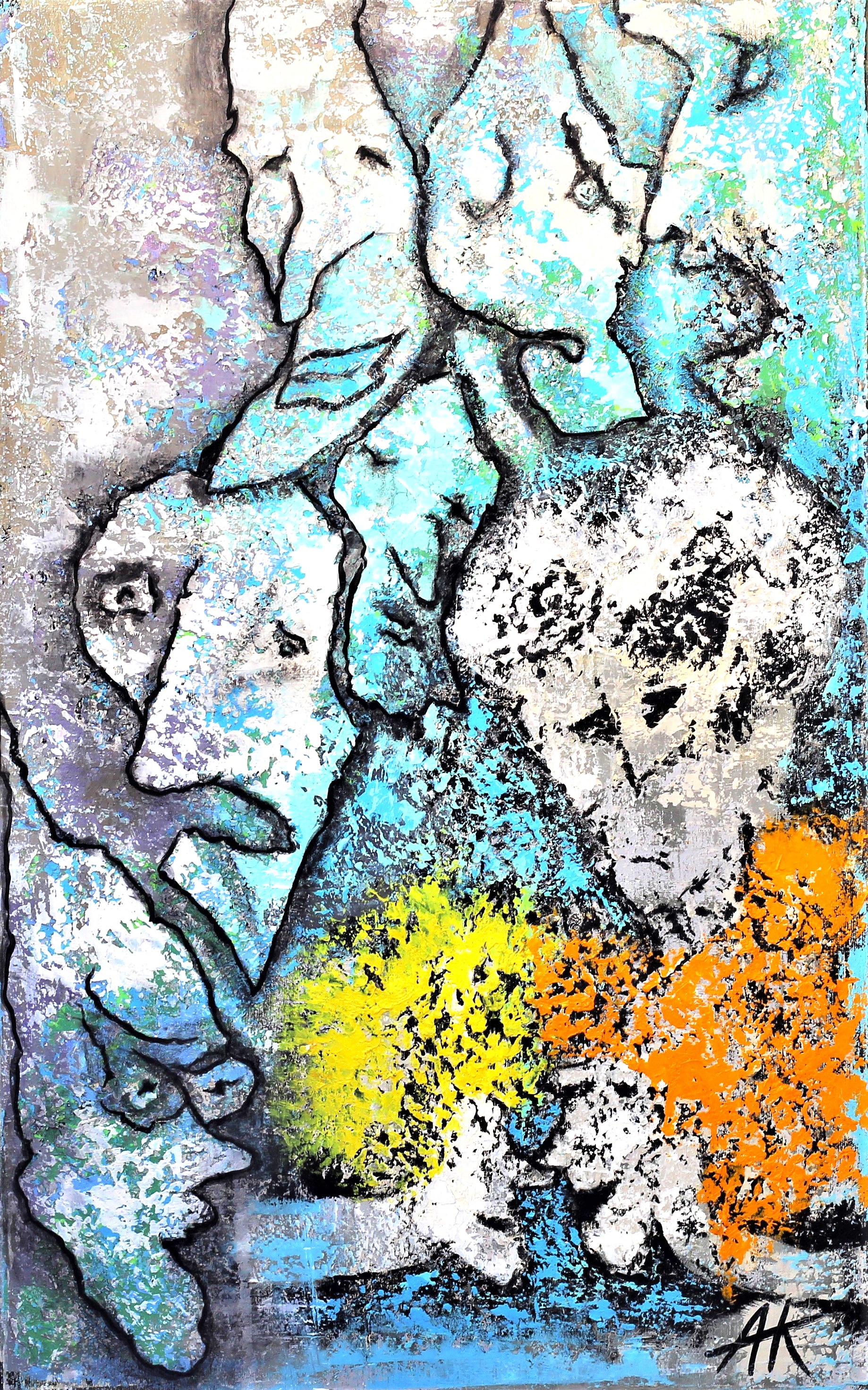 Two figures embraced, with ghosts of ancestors around – painting by Nelya Akimova