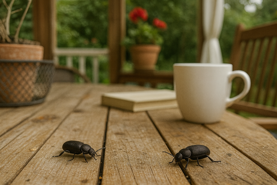 Жуки на столе на веранде