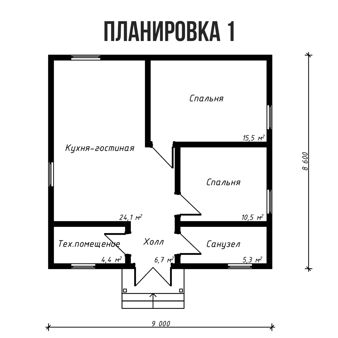 Схема планировки одноэтажного дома со спальнями, кухней-гостиной и террасой
