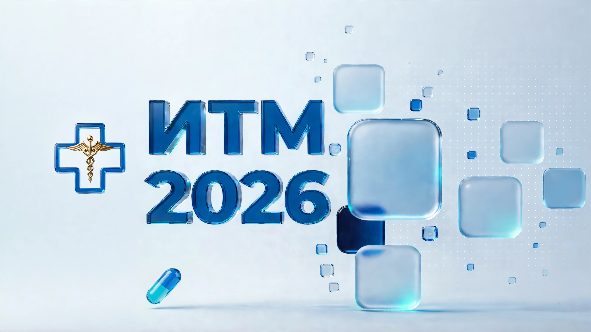 Стеклянные буквы «ИТМ 2026», эмблема медицины и матовые плитки