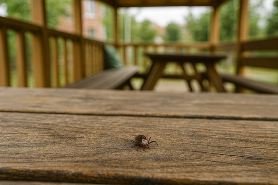 Клещ на лавочке на веранде