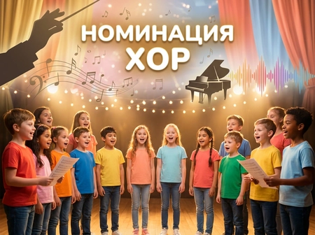 "Номинация «Хор»: дети поют, на фоне — рояль и рука дирижёра"